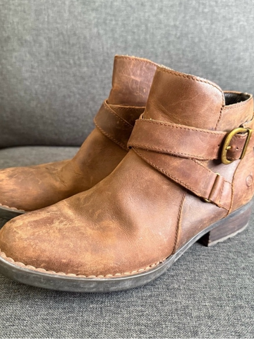 Born Distressed Tan Leather Ankle Booties with Buckle - Picture 2 of 6
